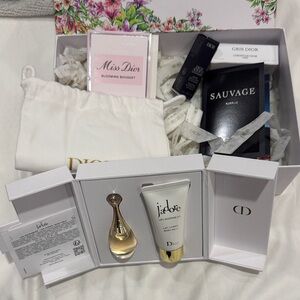 Dior drawstring pouch, Jadore parfum and body milk, and 4 goodies in a Dior box